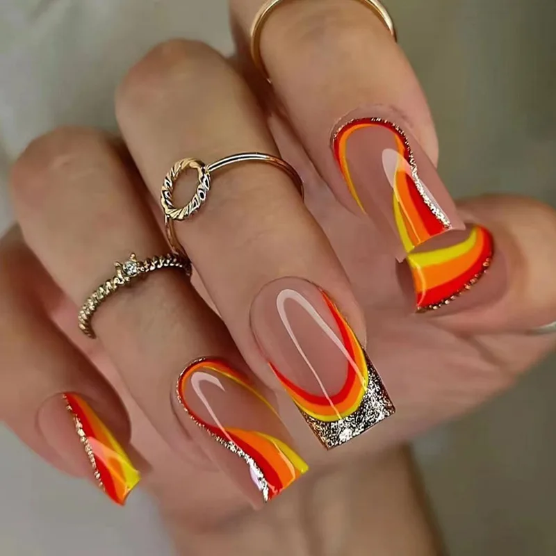 

24pcs Sunset Wave Press-On Nails - Red/Yellow/Orange Glitter Ombré Long Ballet Shape Tropical Luxe Style