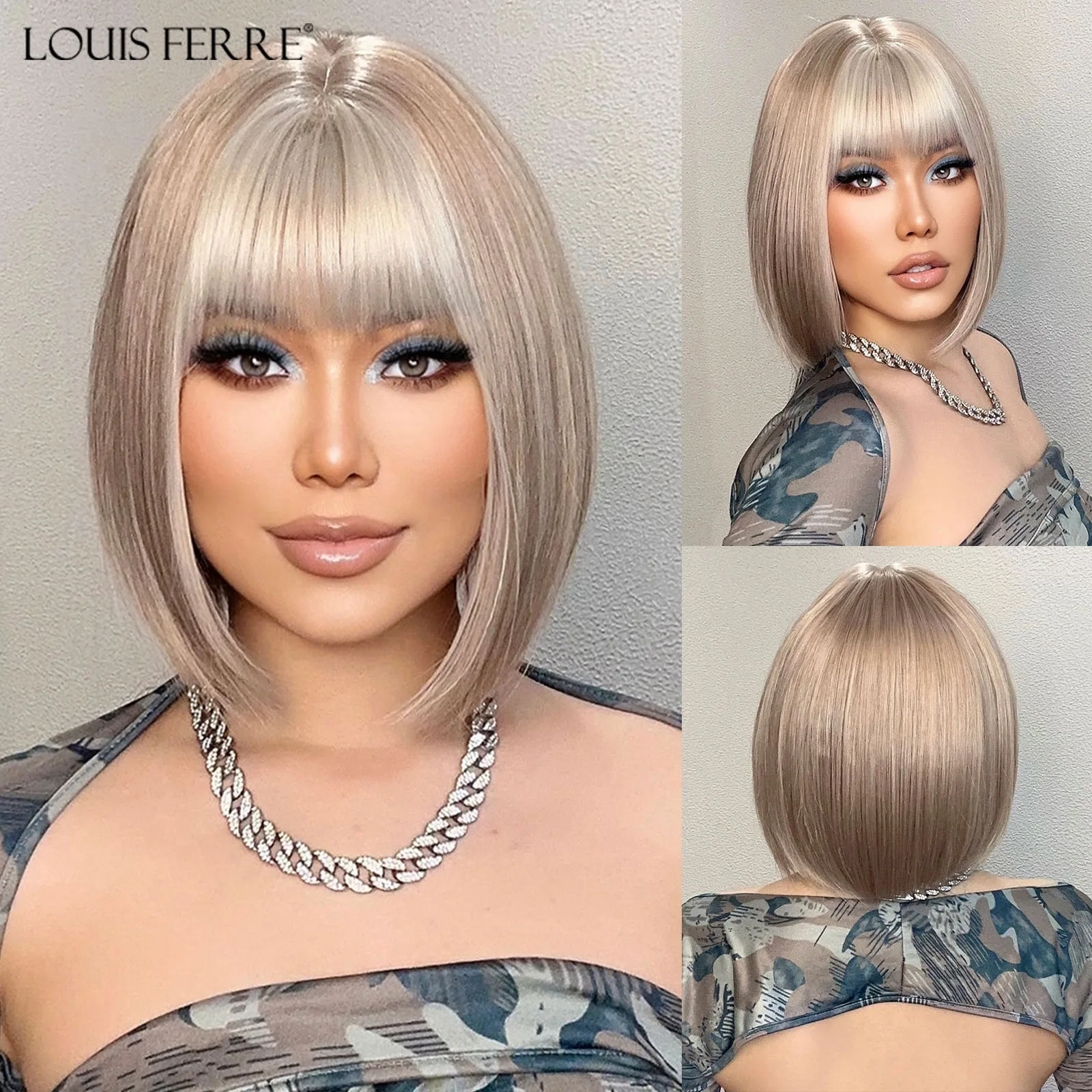 

LOUIS FERRE Short Silver Gray Wigs With Blonde Bangs Natural Synthetic Wigs for Women Daily Cosplay Hair Heat Resistant Fibre