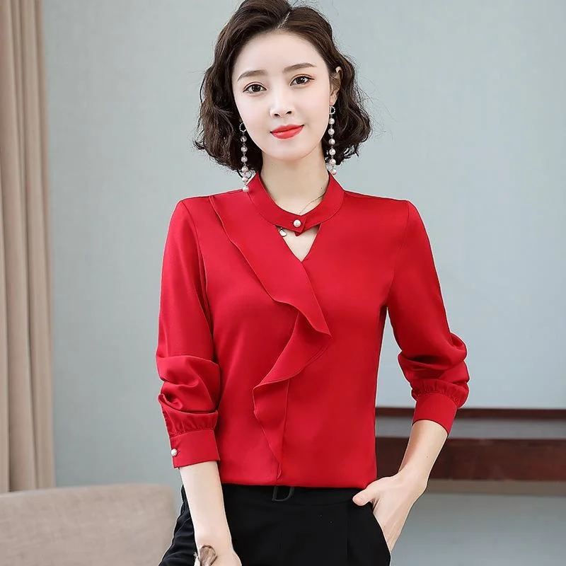 

Women's Long Sve Ruffle irt round Ne Cleanfit Polyester Fiber Thin Model Fitted Long irt for Middle-Aged Women