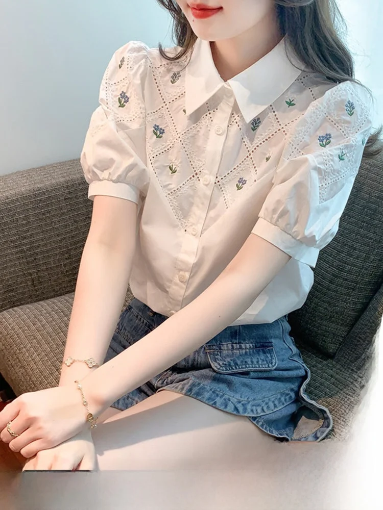 

Summer White Women's Chiffon Shirt Doll Collar Embroidered Short Sleeve Top Ladylike Commute Style Straight Cut Bubble Sleeve