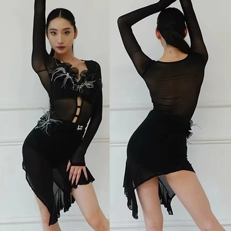 

Latin Dance Clothes Female Adult Long Sleeves Black Tops Irregular Skirt Women CLub Dance Wear Rumba Tango Dance Dress DNV20652