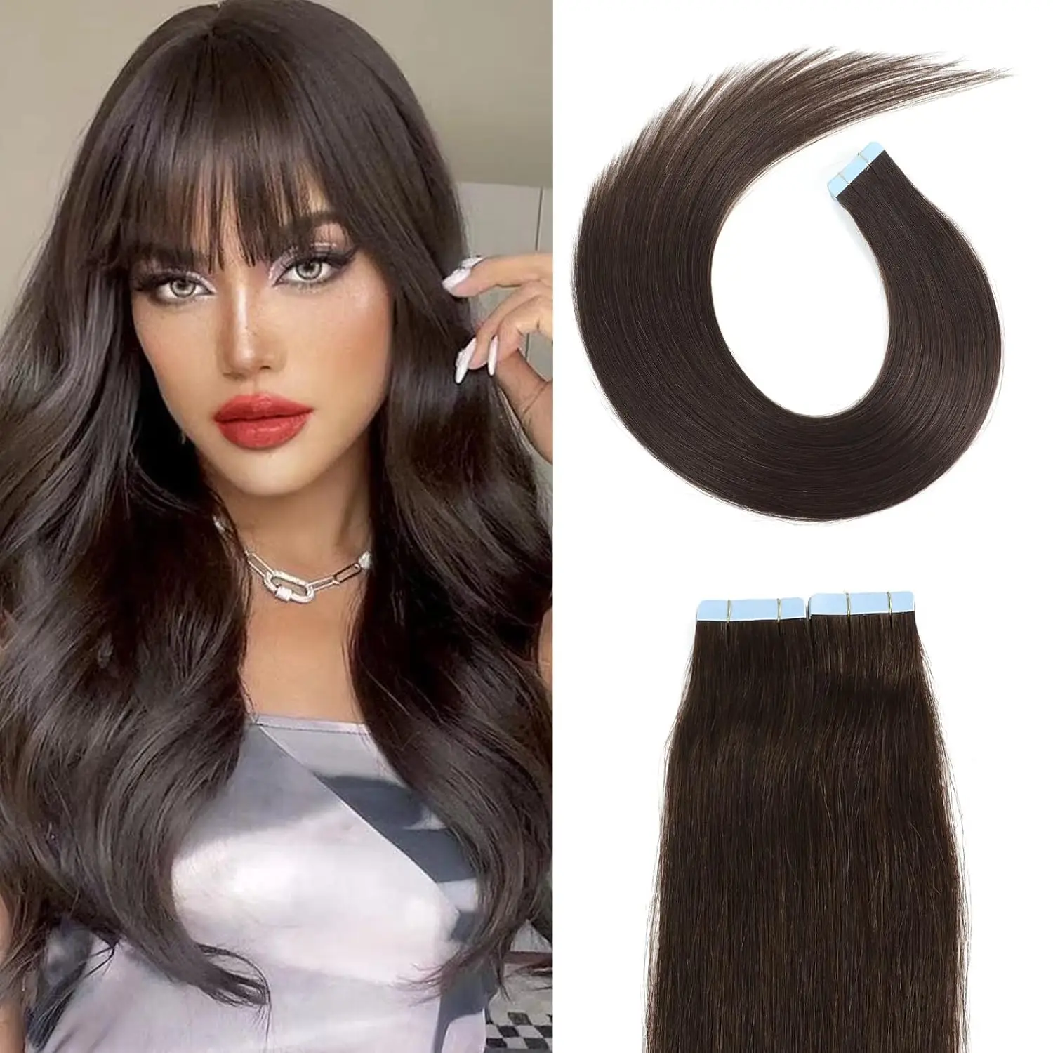 Remy fita em extensões de cabelo, cabelo humano real, marrom escuro, incrível beleza, 2 #, 18 ", 20pcs