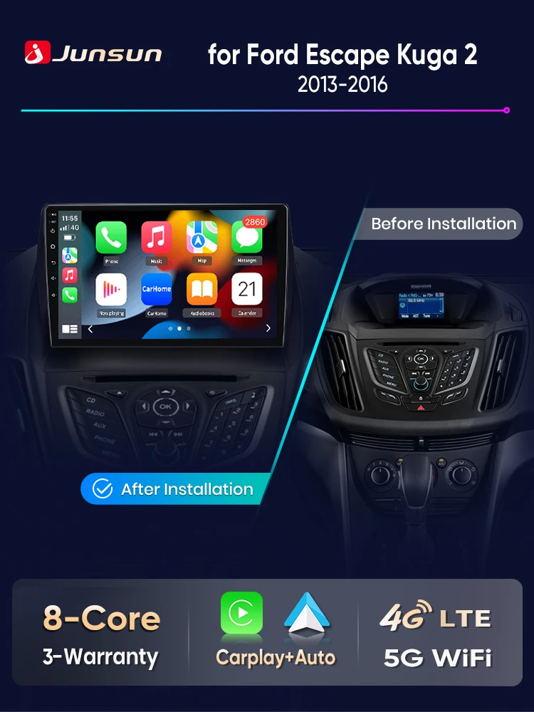 Junsun Android Auto Autoradio für Ford Escape Kuga 2 C-MAX 2013 2014 2015 2016 Multimedia Wireless Apple CarPlay Intelligente Systeme IPS Touchscreen Stereo Videoplayer 2 Din Autoradio Head Unit