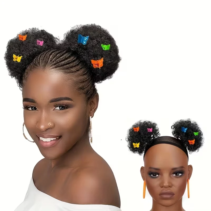 

2шт летняя пуховая булочка с красочными зажимами-бабочками | Термостойкие синтетические наращивание волос для девочек и женщин