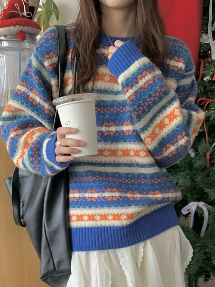 

Nordic Retro Cisas круглый Ne Fair Isle свитер Свободный ленивый цвет Blo вязаный свитер Длинный свек осень-весна женский ...
