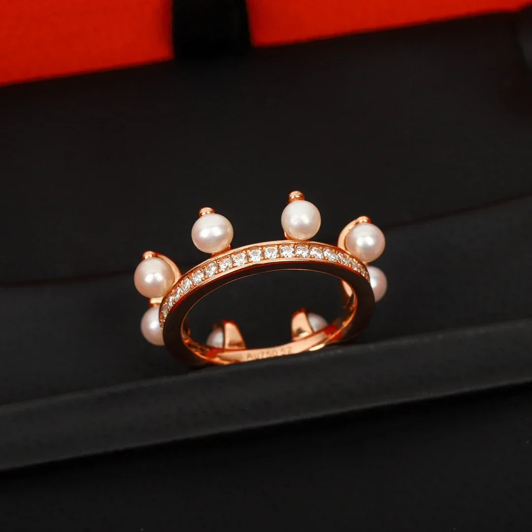 Hot Europe Designer Brand Rose Gold Pearl Ring Women Top Quality Luxury Jewelry Trend