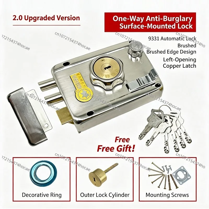 Left‑Hand Surface‑Mounted Anti‑Burglary Lock, Stainless Steel, Auto‑Rebound Latch, for Wooden & Iron Doors
