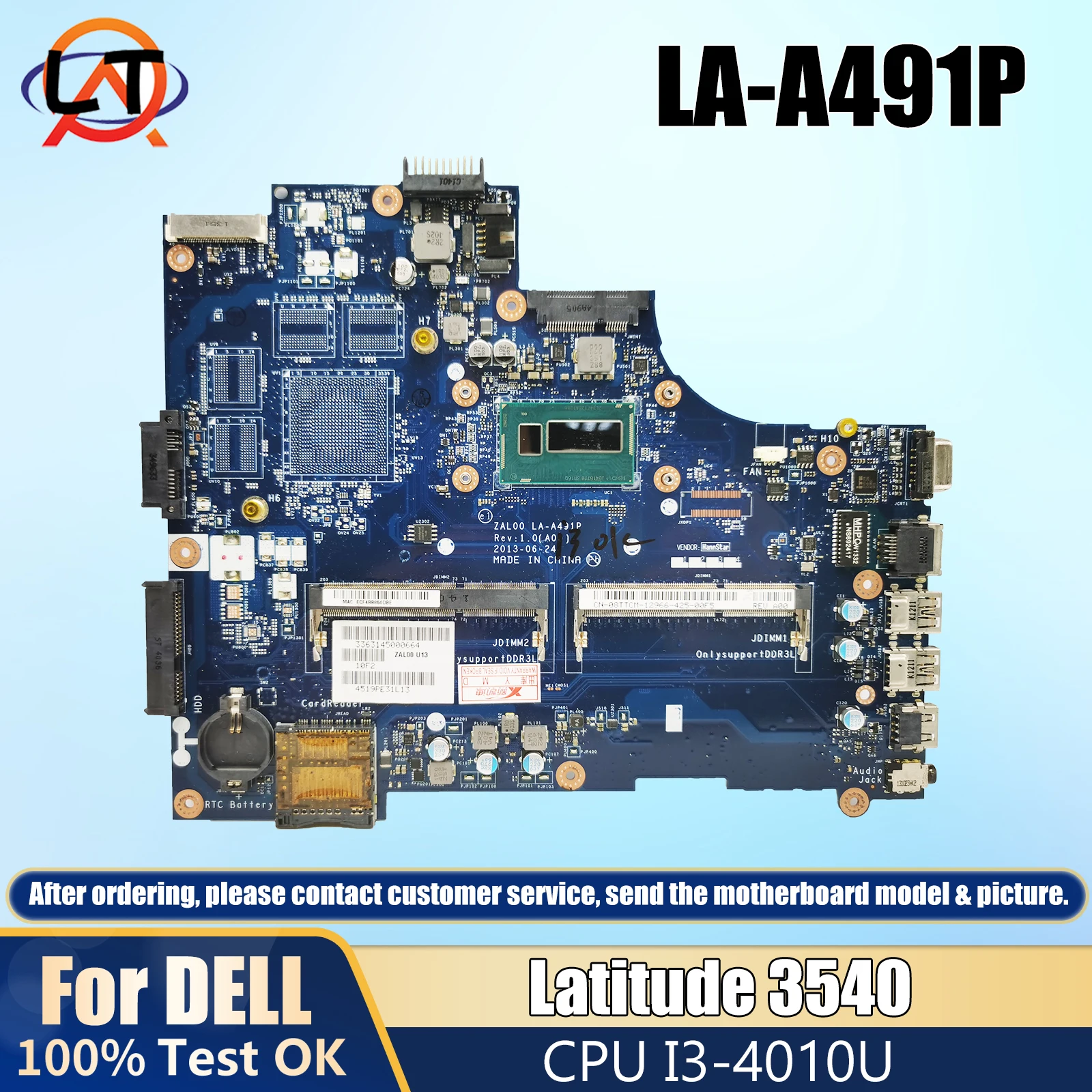 

LA-A491P For Dell Latitude 3540 Notebook Mainboard 08MDVW 06TJHN 0DXN93 I3-4010U CPU Laptop Motherboard