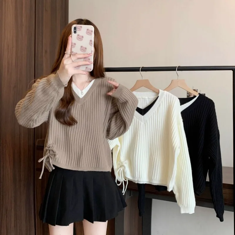 

Falls Women's Clothing Casual Loose V-Neck Shirring Patchwork Knit Pullovers Lady Fashion Fake Two Piece Sweater New Knitwear