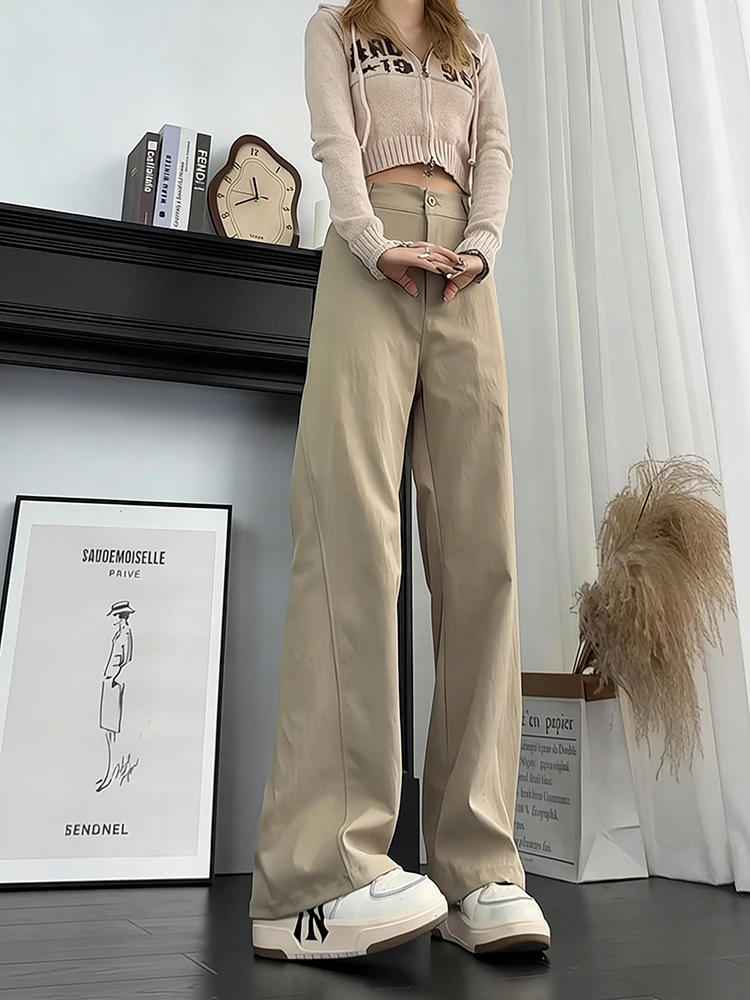 

Повседневные широкие брюки цвета хаки для мужчин и женщин, весенние, прямого кроя, с диагональным вырезом, свободные, с высокой талией, на пуговицах