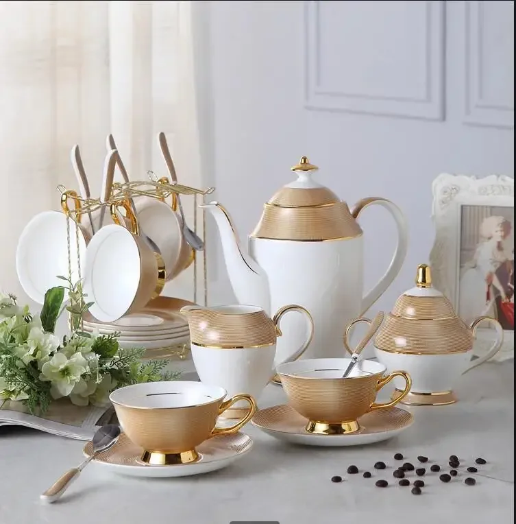 Luxury Gold Bone China Coffee Set Porcelain Tea Set Advanced Cup Ceramic Mug Pot Sugar Bowl Creamer Teapot Drinkware Coffeeware