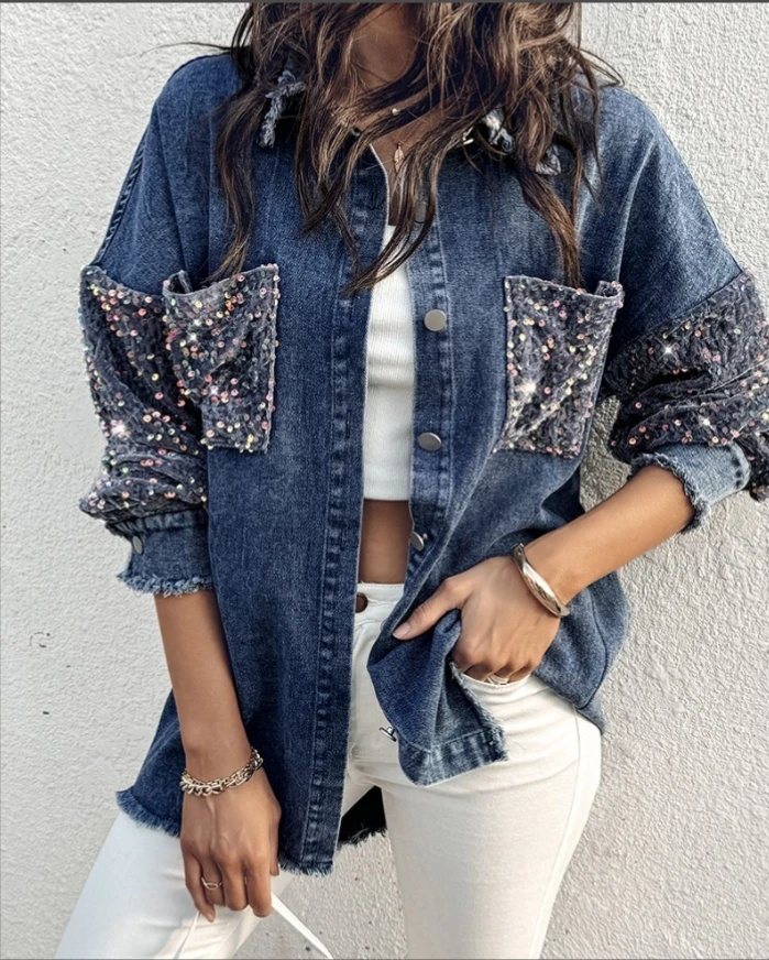 Turn-down Collar Contrast Sequin Long Sleeve Fringe Hem Denim Jacket Casual Coat