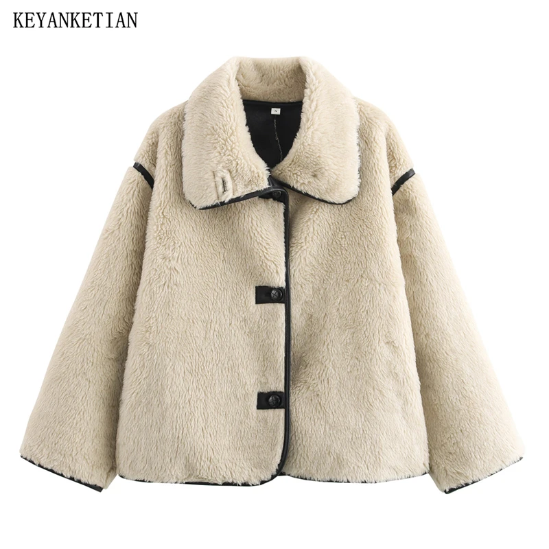 

KEYANKETIAN 2025 Winter New Women's Double Faced Fur Coat Turn Down Collar Single Breasted Loose Thick Warm Greatcoat Jacket