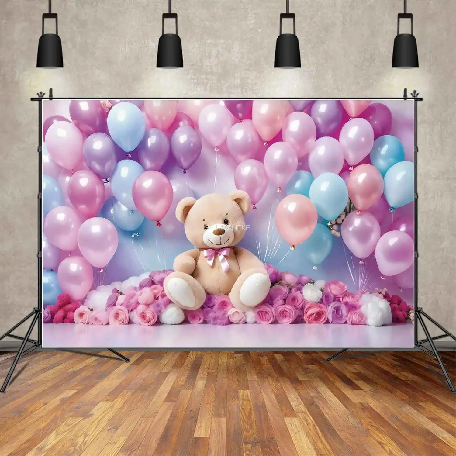 بالونات تيدي بير لعيد الميلاد الأول لمدة عام واحد، خلفية حفلة استحمام الطفل، خلفية زهور وردية، دعائم تصوير فوتوغرافي