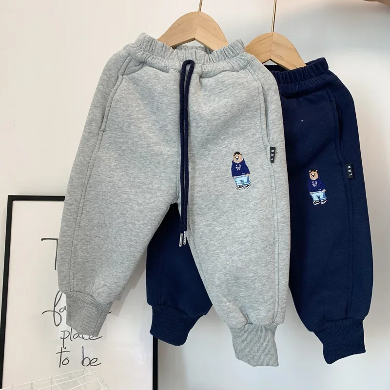 Autumn Winter Kids Fleece-lined Thickened Pants Casual Woolen Trousers Warm Sweatpants For Boys Girls