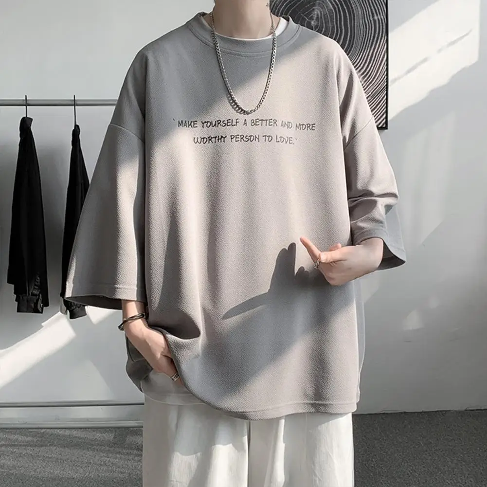 Men T-shirts Boyfriend Loose Oversized Short-sleeved T-shirt O-Neck 3/4 Sleeve Letter Print Drop-Shoulder T-shirt Streetwear Tee