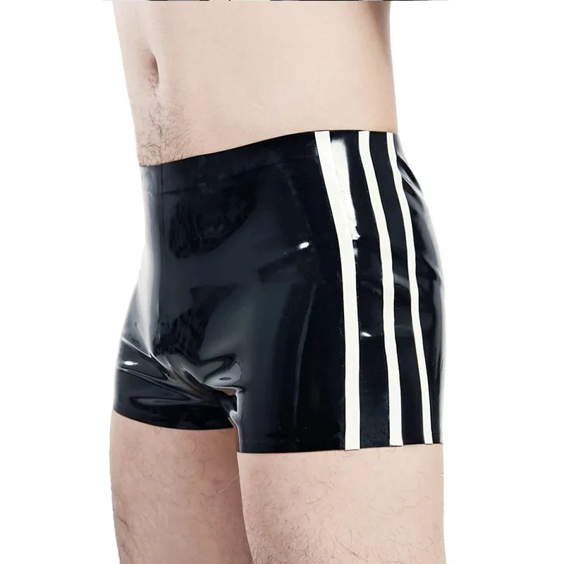 

Латексные резиновые обтягивающие шорты, фетиш, мужское нижнее белье, трусы-боксеры, черные с белыми ручной работы с передней молнией