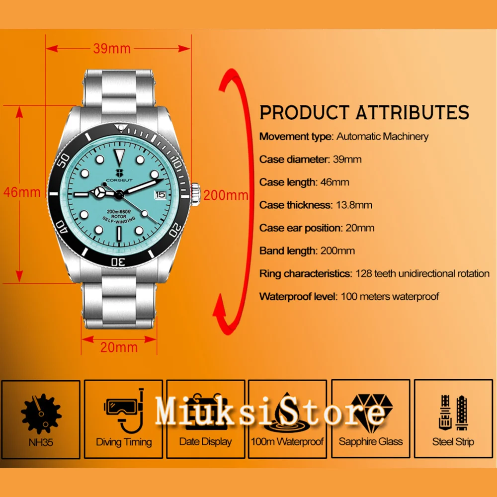 39mm NH35 Biwan High Luxury Business Men's Watches Automatic Mechanical Sapphire Glass Waterproof Date Watch for Man