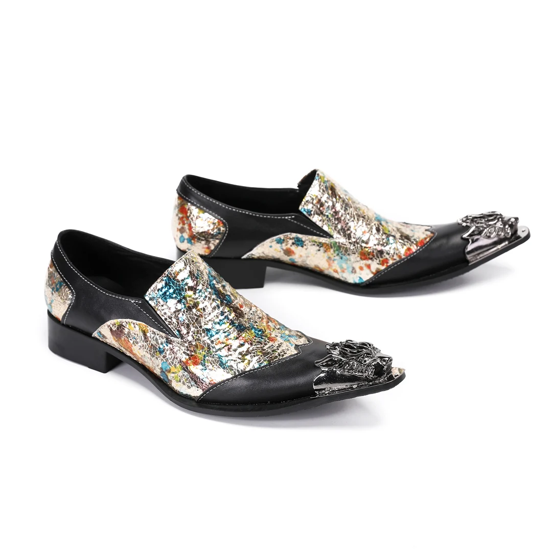 

Модные мужские туфли-броги с острым носком из металла, большие размеры, для бизнеса, свадьбы, вечеринки, официальные туфли с пэчворком