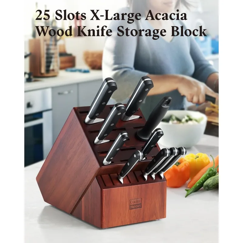 Acacia wood Knife Block Holder without Knives, 25 Slot X-Large Universal Countertop Butcher Block Kitchen Knife Stand