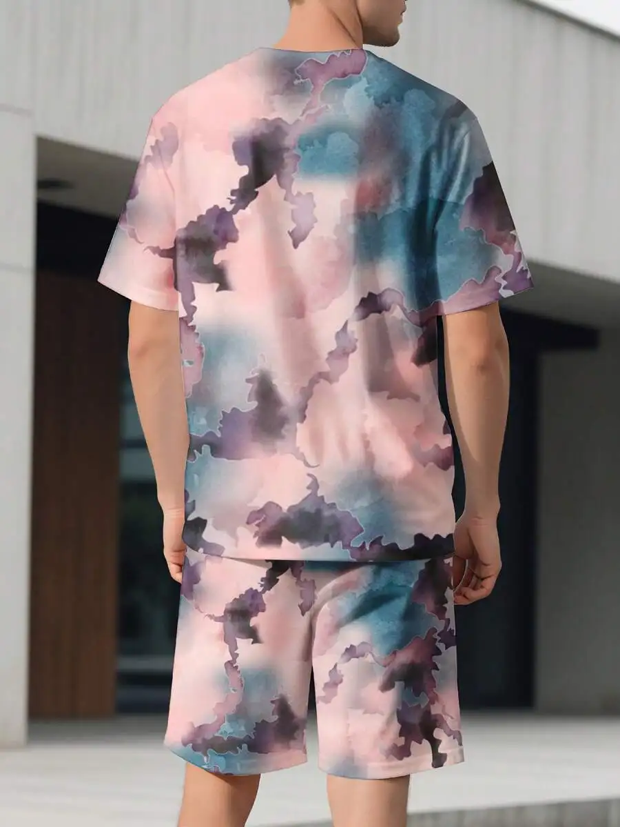 

Mens Watercolor Print Short Sleeve T-Shirt And Shorts Set Casual Loungewear For Summer