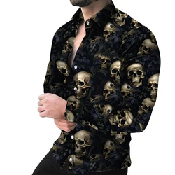 Fashion skull full print men's long sleeved button up shirt for spring and autumn, special gift for men