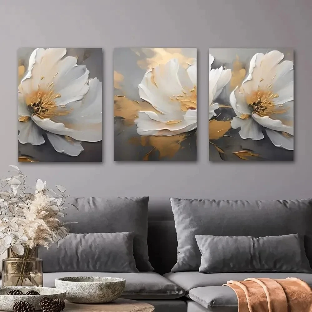 White Flower Diamond Painting New 2024 Golden Flora Triptych Diamond Embroidery Cross Stitch Kits Flowers Home Decor