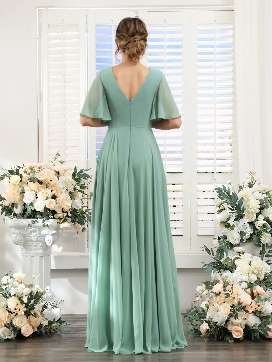 A Line Chiffon Bridesmaid Dresses Short Sleeve V Neck Slit Pleat Elegant Wedding Party Formal Prom Evening Zipper Back