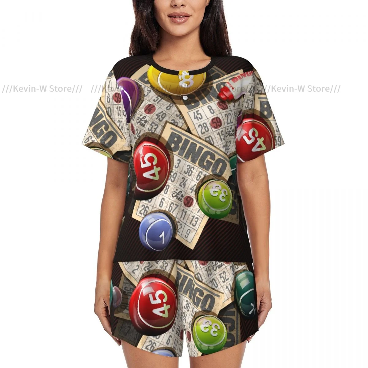 Two piece women's pajama round neck short sleeved T-shirt Retro Bingo Games casual home pajama set
