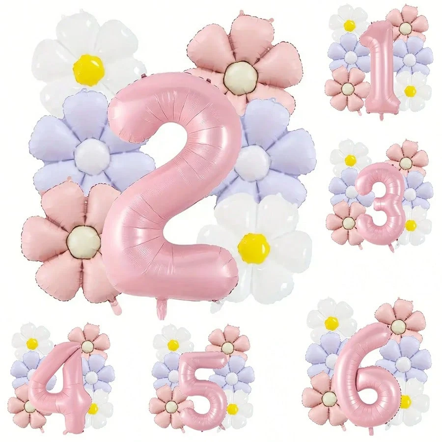 8-Piece Daisy Pink Number Balloon Set, Includes 40inch Large Pink Numbers 1, 2, 3, 4, 5, 6, 7, 8, 9, with 18inch Vintage Matte White, Pink, and Purple Daisy Decorations, Suitable for Decorating Garden Parties, Birthday Gatherings, Home Decor, and Outdoor Settings