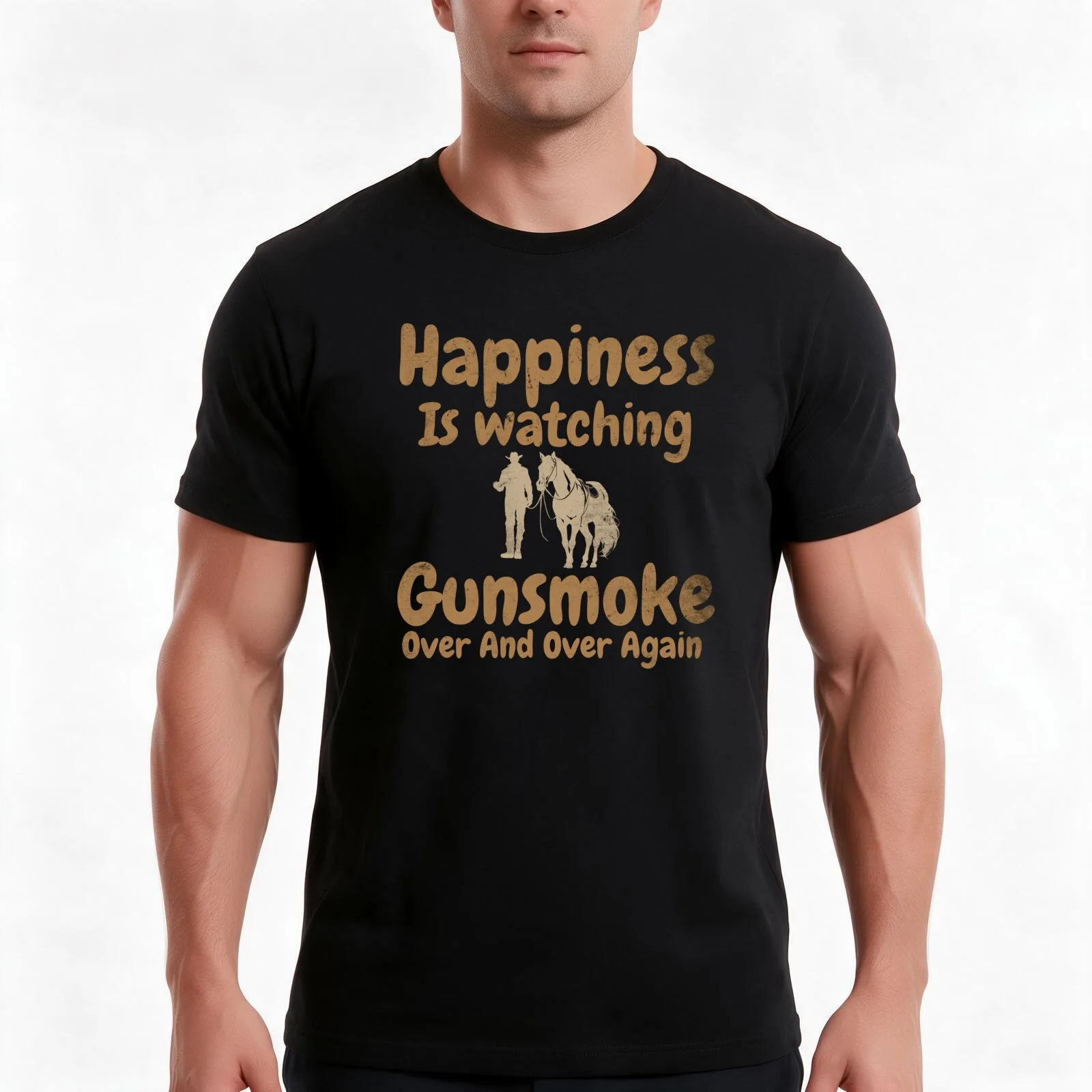 Happiness Is Watching Gun-smoke Over And Over Again Cowboys T-Shirt Summer Casual Cotton Tee Oversized Streetwear Tops