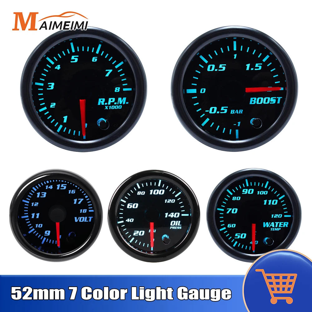7 Color Backlight 52mm Water Temp Oil Temperature Oil Pressure Gauge Voltmeter EXT Temp Tachometer RPM Gauge Boost Gauge PSI BAR