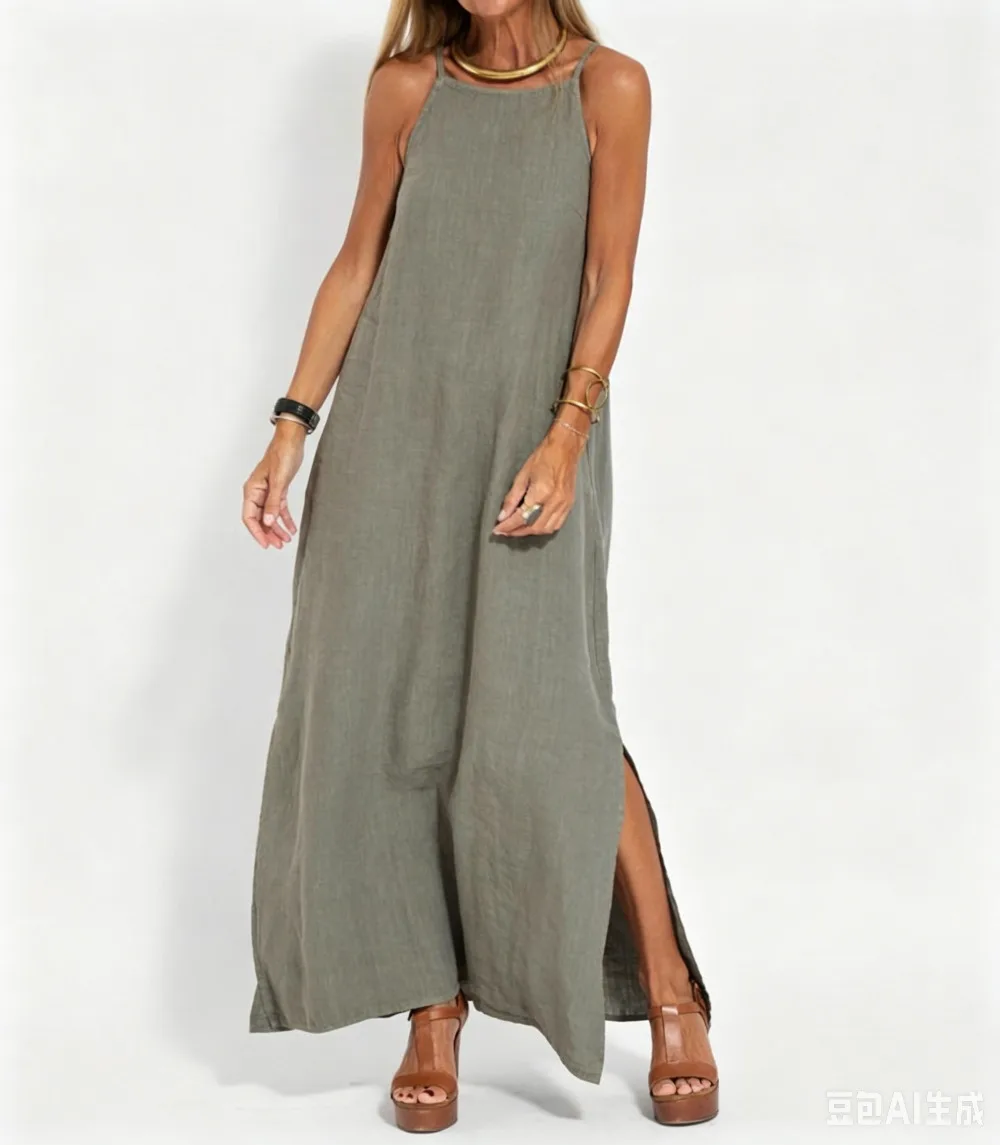 

Women's Solid Spaghetti Strap Maxi Dress For Women Side Split Loose Sleeveless Casual Beach Vacation Long Summer Dresses