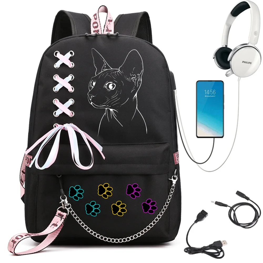 

Черный школьный рюкзак Sphynx Cat Kawaii, дорожная сумка, USB-рюкзак, школьные сумки для девочек-подростков, рюкзак Bolsas Mochilas