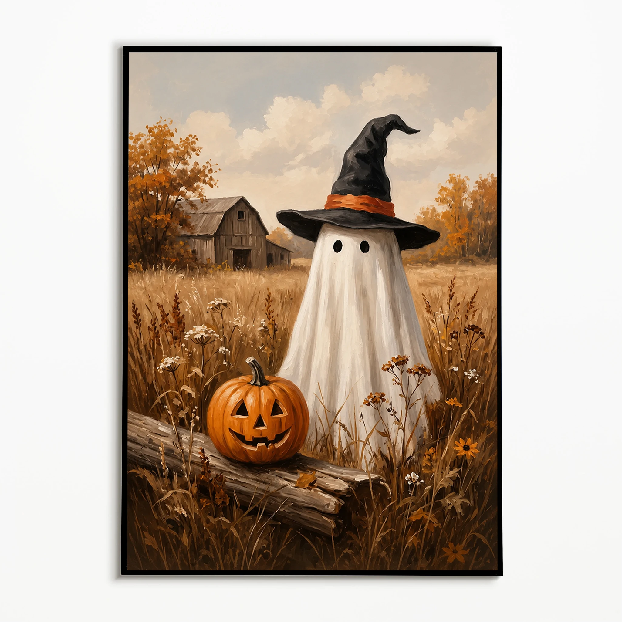 1pc frameless,1PC  Halloween Witch Hat Ghost Black Cat Pumpkin Poster  Autumn Retro Countryside Harvest Wall Art  Frameless Canv