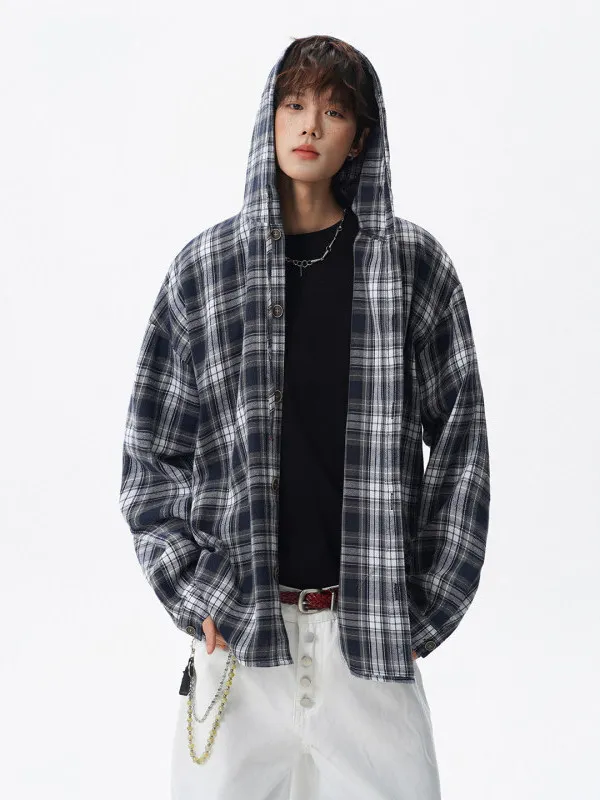 

TANGZ Studio American Retro Plaid irt Hooded Long Sve Large Size Lazy Sle High End Feeling Casual irt Coat
