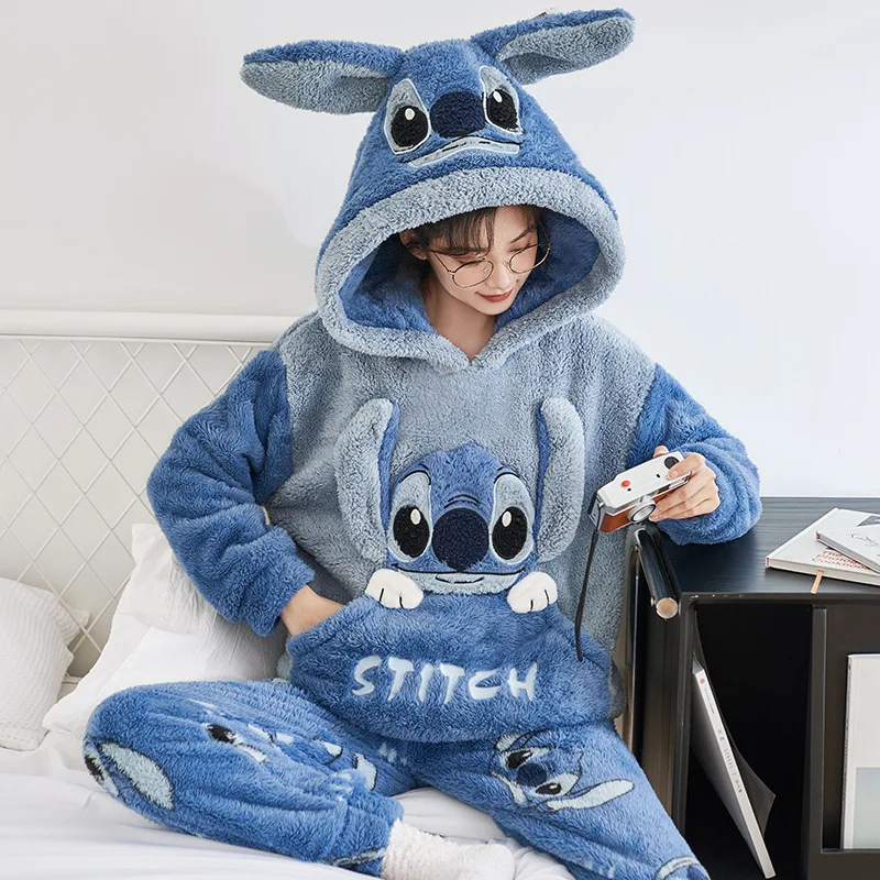 

Couple Style Sleepwear Women'S Winter Coral Fleece Cartoon Stitch Warm And Comfortable Home Clothes Two-Piece Set Birthday Gift