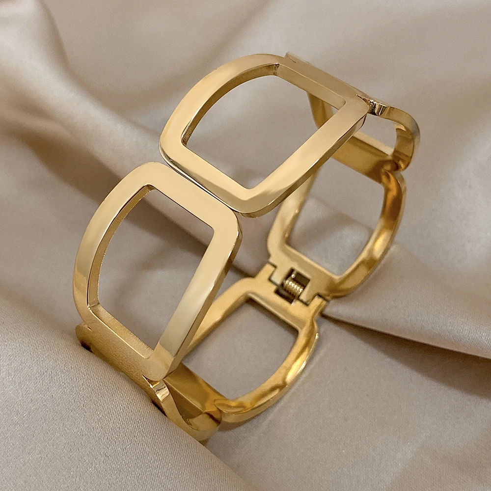 Mode Edelstahl Manschette Armband für Frauen Chunky Geometrische Hohl Platz Gold Silber Farbe Armreif Armbänder Schmuck Geschenke
