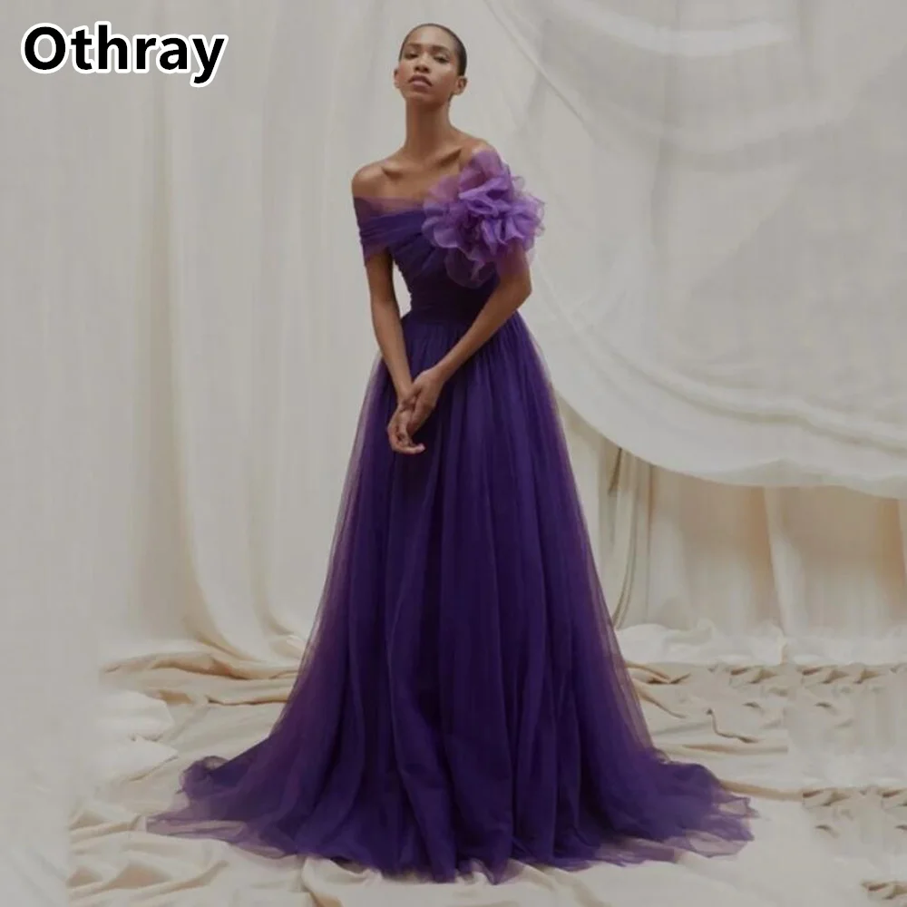 

Othray New Purple Off Shoulder A-line Prom Dresses Pleated فستان حفلات الزفاف Strapless Tulle Formal Evening Gowns vestidos de