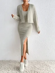 Autumn and Winter Women's Fashion Knitted Dress Long-sleeved Cardigan Jacket Slimming Open Sling Sexy Dresses Female Trendy Sets