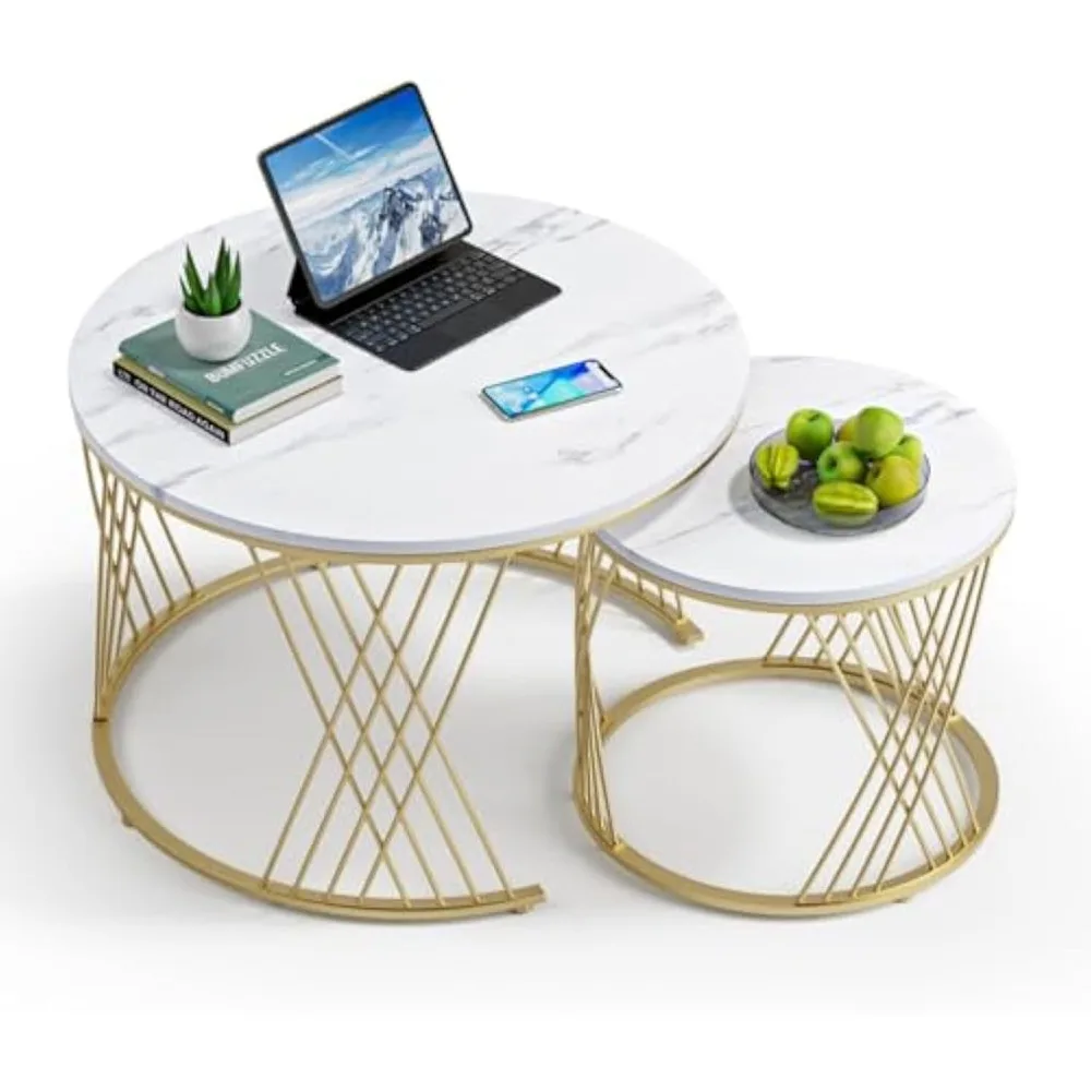 Giluta Round Coffee Table Set of 2, Modern Coffee Tables for Living Room, Faux Marble Center Table