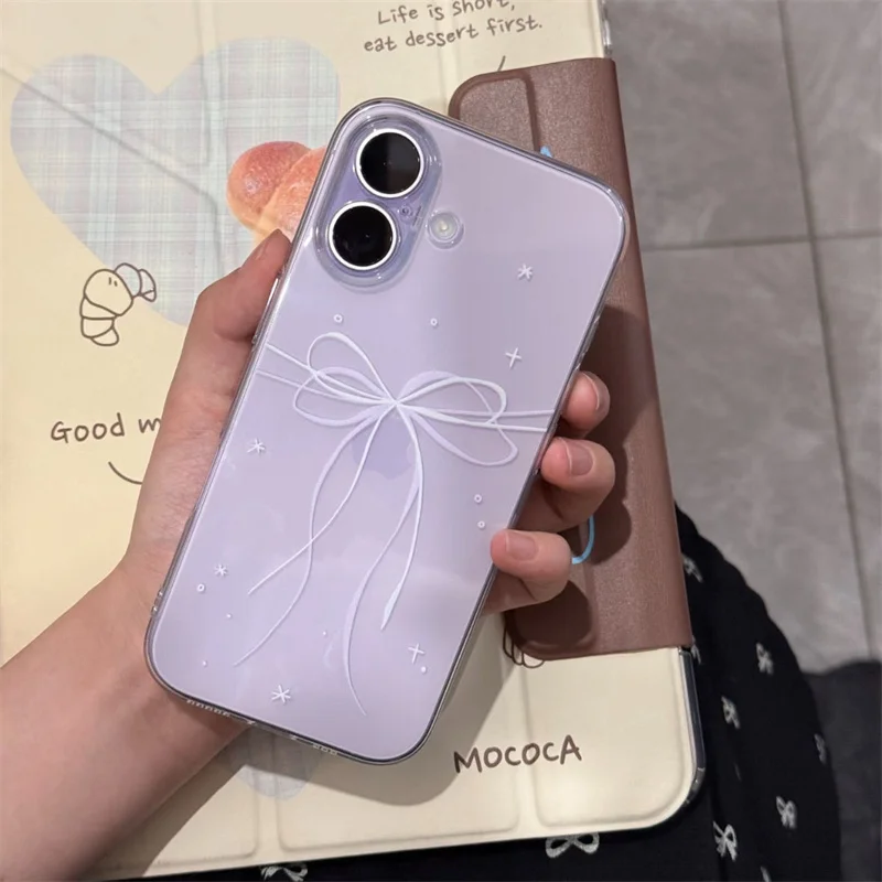 Transparente Handyhülle mit großem Loch, violett und weiß bemalt, mit Schleife, für iPhone 11 12 13 14 15 16 17 18 Pro Max – Detail 5