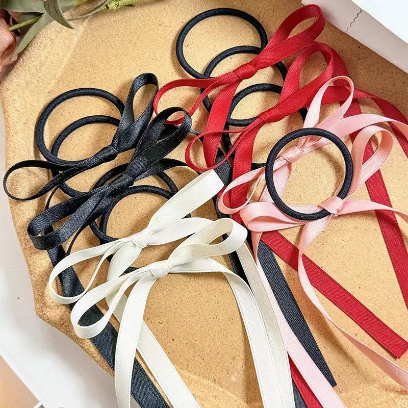2PCS/Set Long Ribbons Small Bow Ponytail Hair Rope Ties Solid Color Hair Circle Hair Accessories