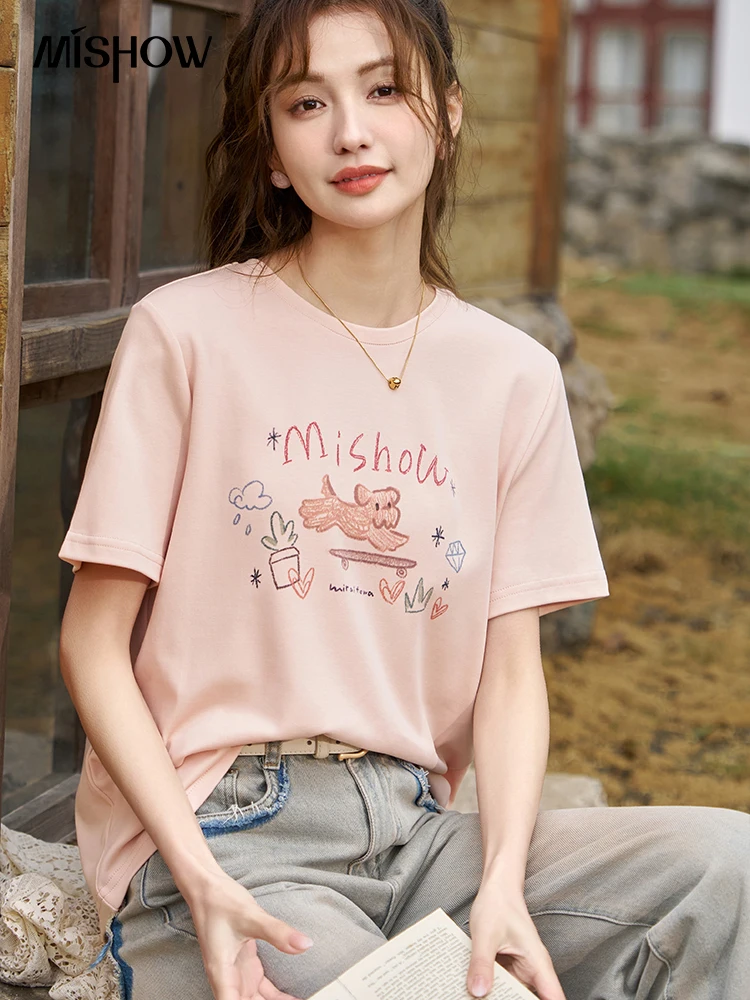 MISHOW Puppy Printting Embroidered Short Sleeve T-shirt for Women 2024 Spring French Retro Round Neck Soft Casual Top MXD14T0196