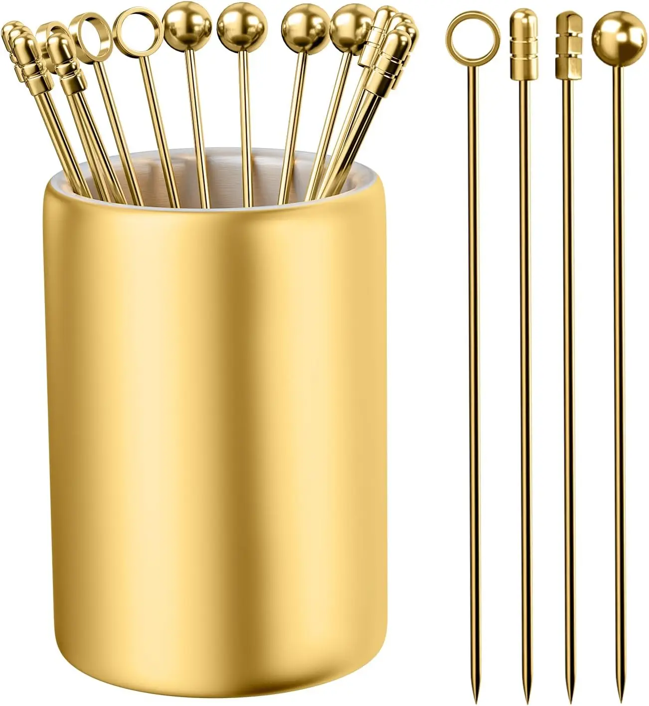 

12-Pack Stainless Steel Cocktail Picks with Holder, Reusable Garnish Skewers for Drinks and Appetizers