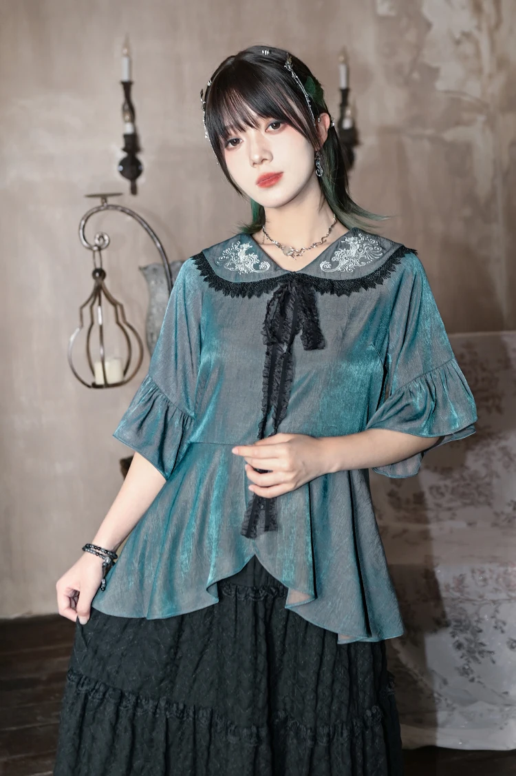 Embroidered Doll Collar Polarized Color Chinese Style Top Blouse Women's New Summer Design Irregular Lace Single-breasted Shirt