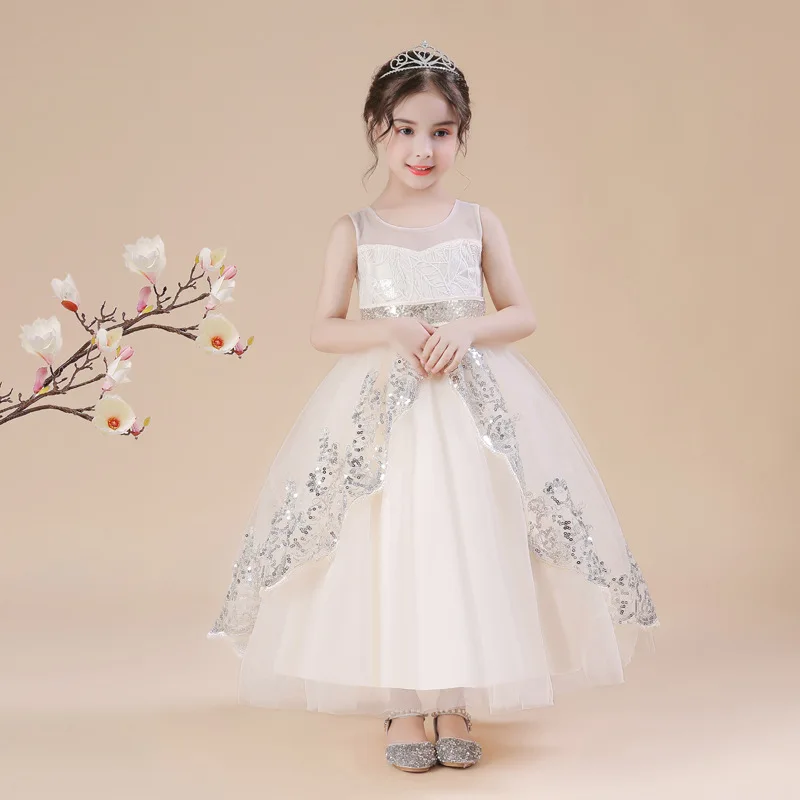 Girls Princess Dress Sequins Decorative Sleeveless Dress Mesh Long Show Presiding Puffy Birthday Party Evening Dress