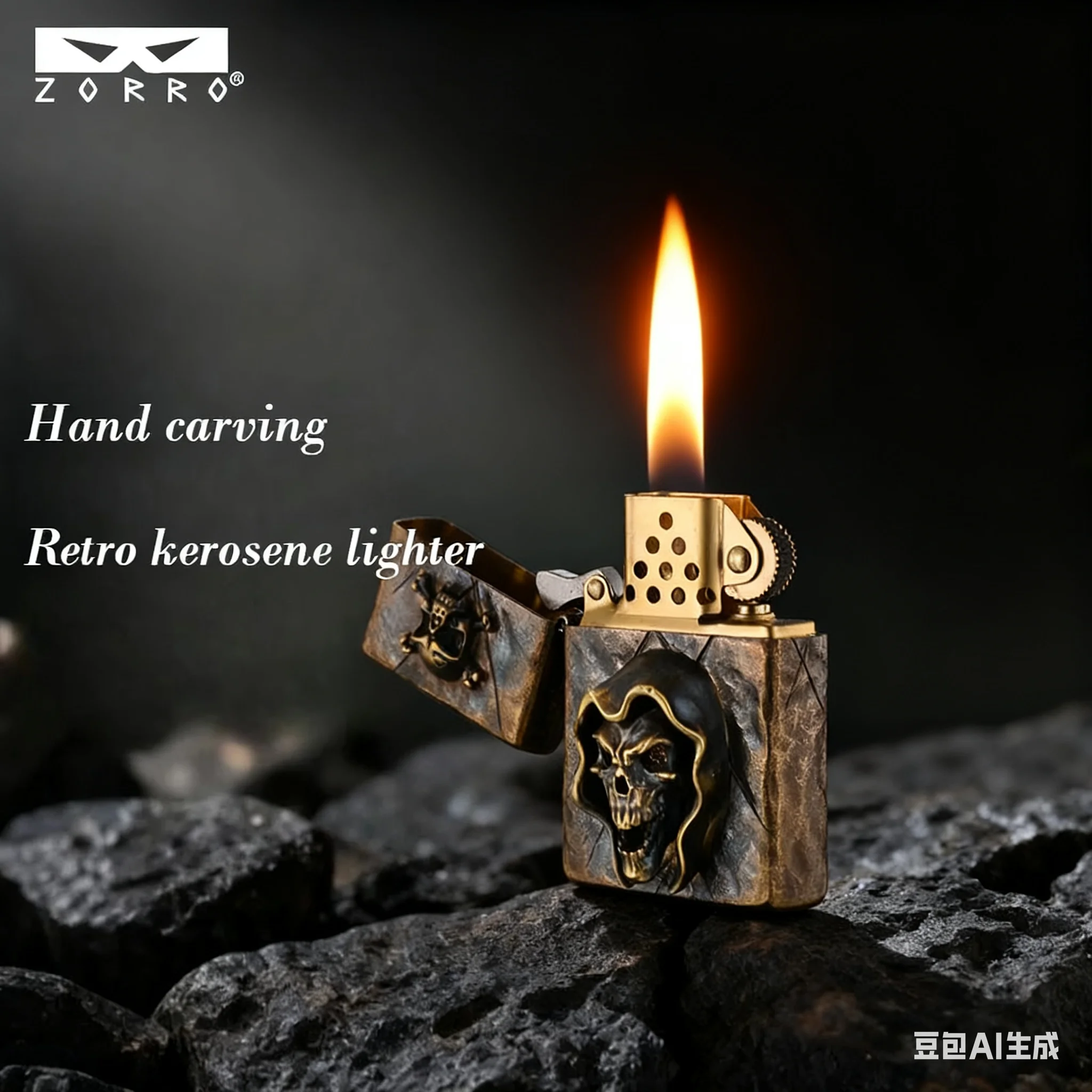 Zoro original copper kerosine lighter, antique carving, old-fashioned grinding wheel windproof cigarette lighter, gift for men