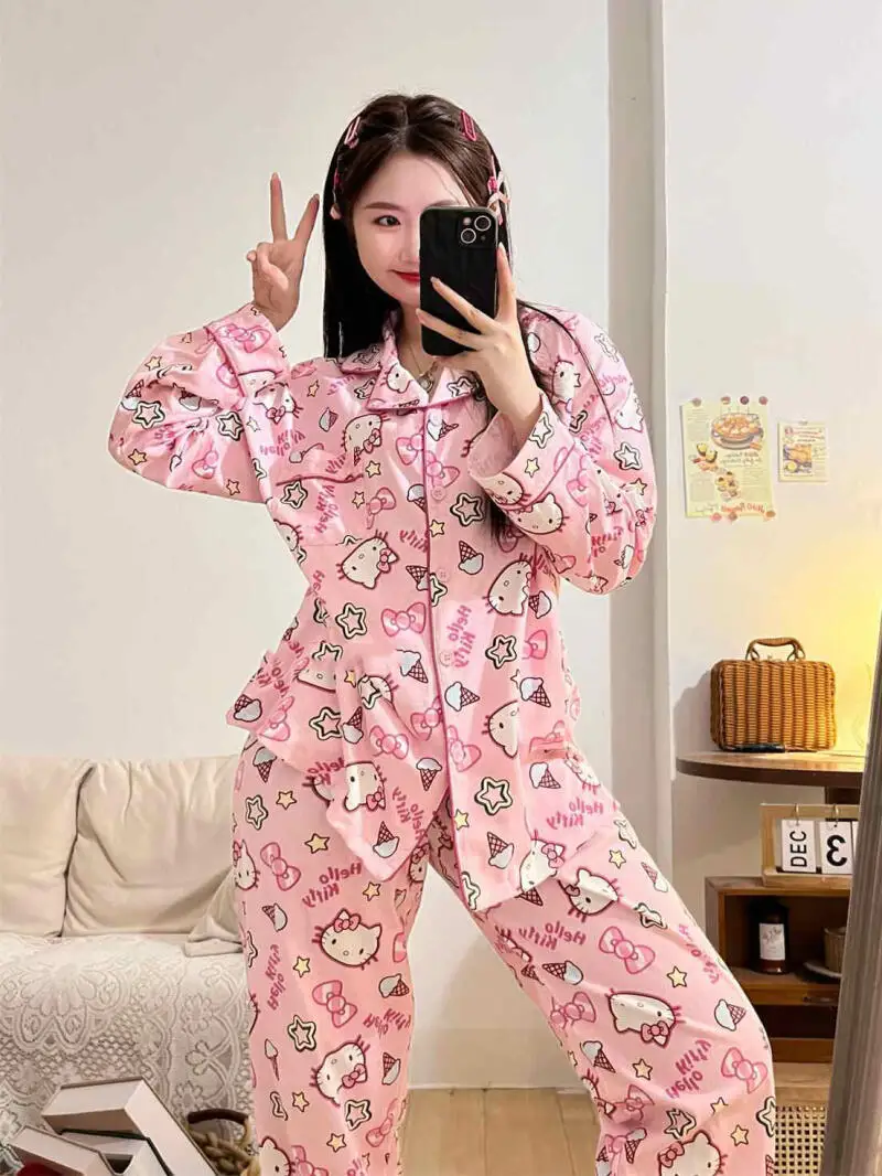 

Sanrio Pajamas 2Pcs Hello Kitty Star Pajamas Female Spring and Autumn New Long Sleeves Japanese Cartoon Student Home Service Set