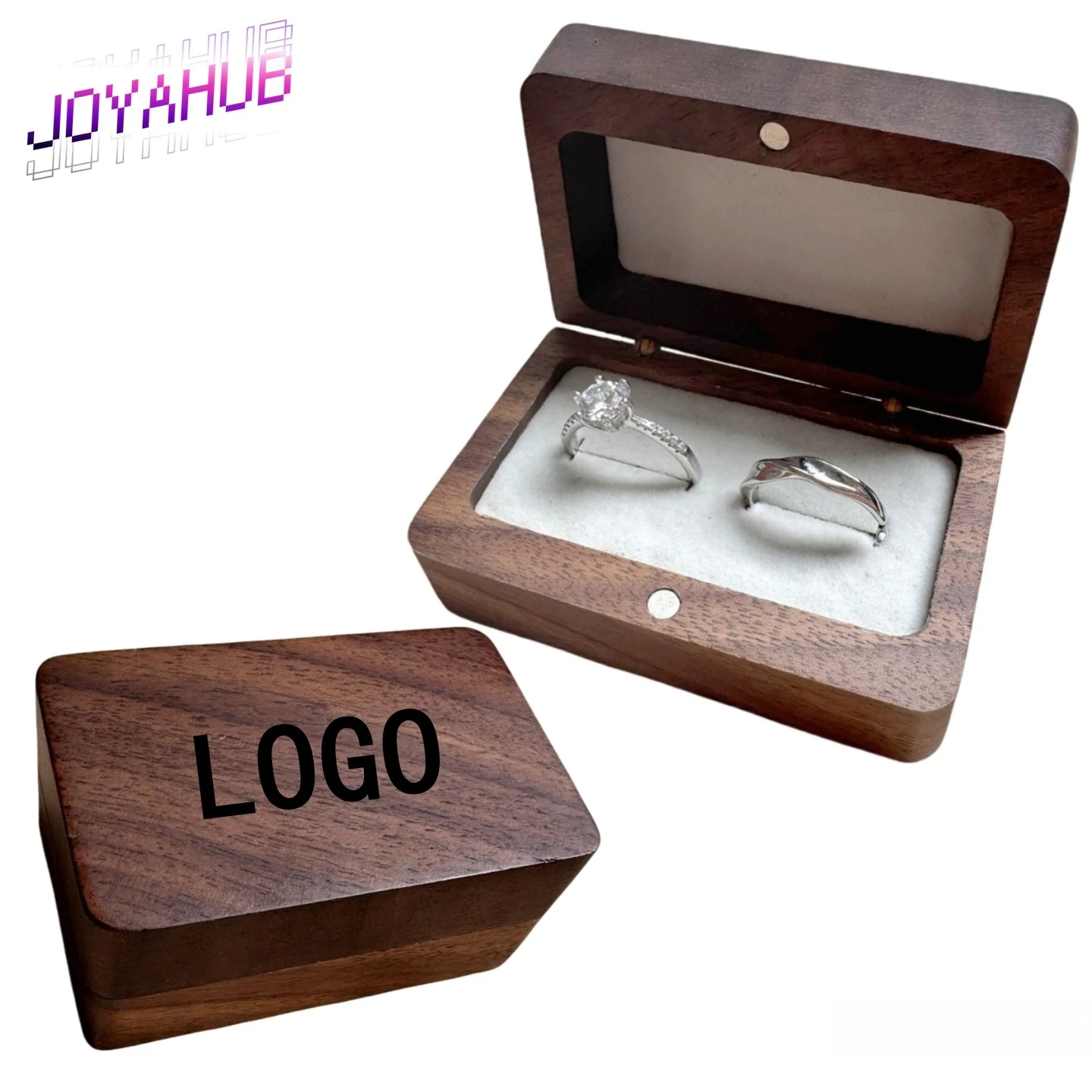 

​​Custom Logo Elegant Wooden Wedding Ring Keepsake Box Velvet Lined Rectangular Jewelry Case for Single/Double Rings Propose